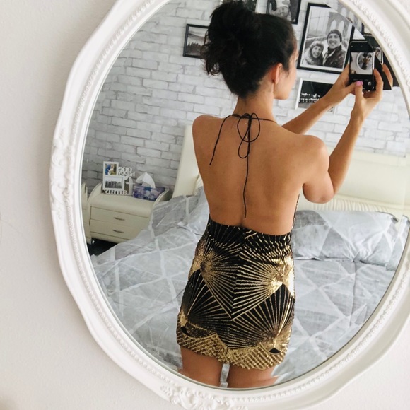 Plunging V-Neck Backless Sequin Mini Dress Black - Picture 12 of 15